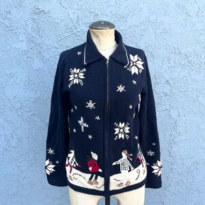 Vintage Winter Sweater Christmas Snowflake Cardigan Small Petite